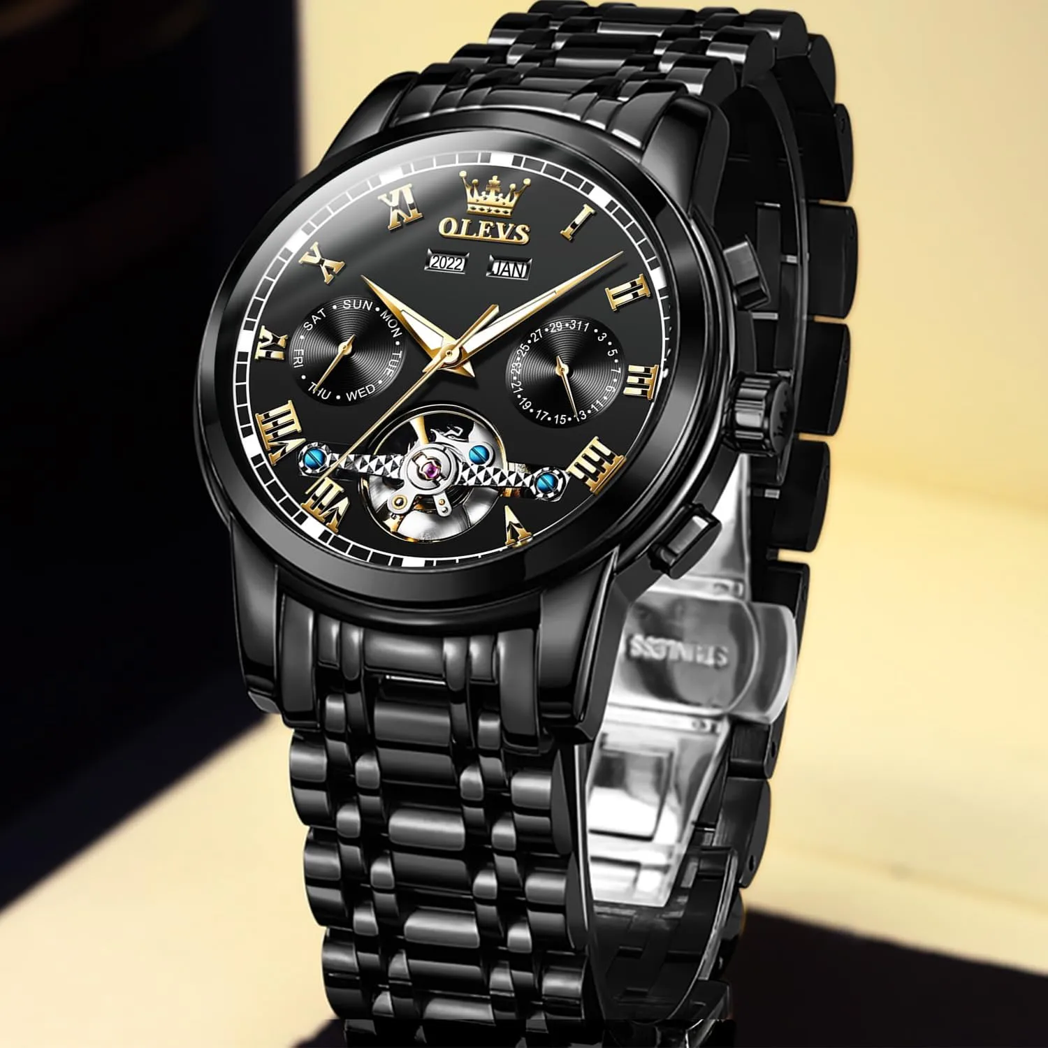Watch Black Blue Green Face,Adjustable Bracelet (Gift Tool) inequality underlying commerce OLEVS Automatic Watch(No Battery Required) Men's Wrist Watches Self-Wind Mechanical Watches Fashion Classic Tourbillon Skeleton 