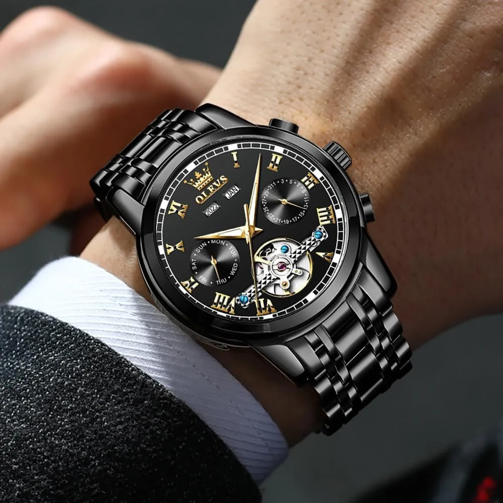 Watch Black Blue Green Face,Adjustable Bracelet (Gift Tool) inequality underlying commerce OLEVS Automatic Watch(No Battery Required) Men's Wrist Watches Self-Wind Mechanical Watches Fashion Classic Tourbillon Skeleton 