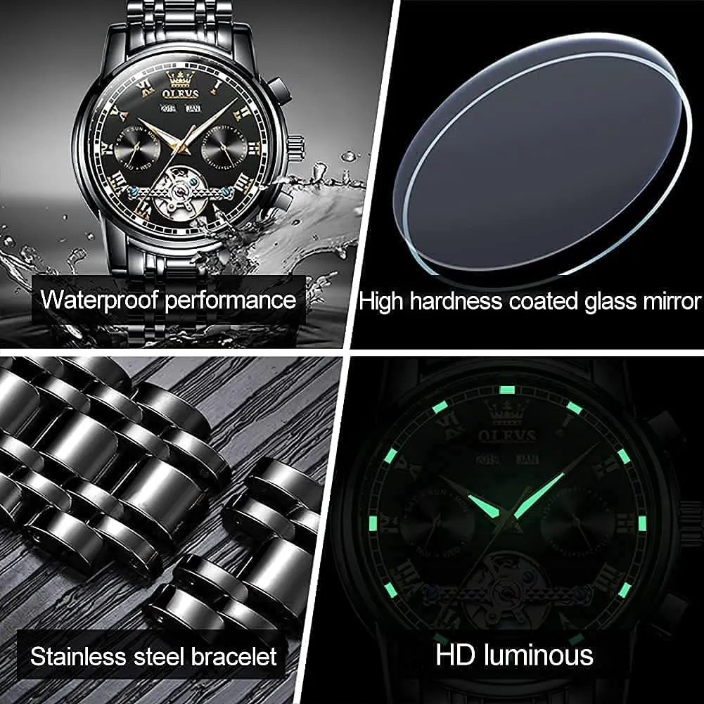 Watch Black Blue Green Face,Adjustable Bracelet (Gift Tool) inequality underlying commerce OLEVS Automatic Watch(No Battery Required) Men's Wrist Watches Self-Wind Mechanical Watches Fashion Classic Tourbillon Skeleton 