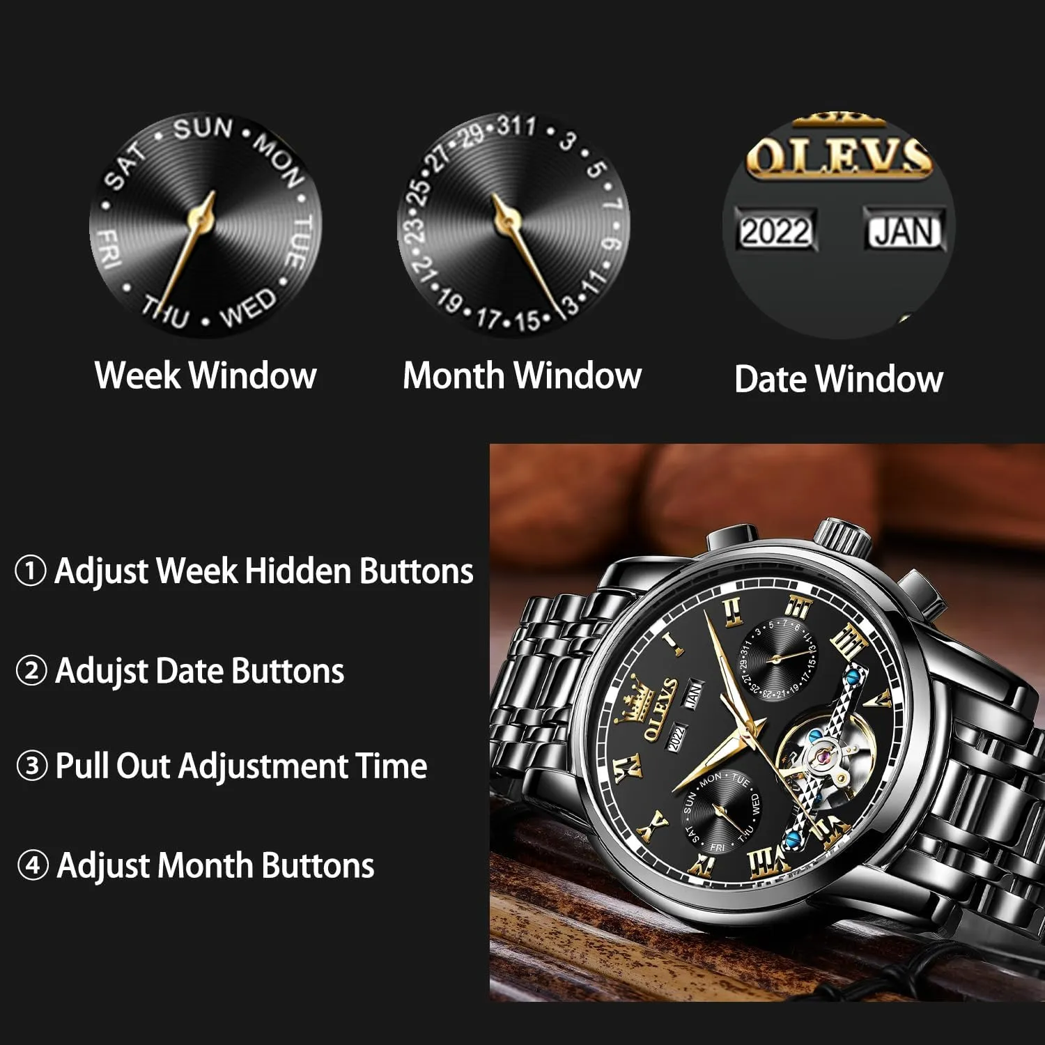Watch Black Blue Green Face,Adjustable Bracelet (Gift Tool) inequality underlying commerce OLEVS Automatic Watch(No Battery Required) Men's Wrist Watches Self-Wind Mechanical Watches Fashion Classic Tourbillon Skeleton 