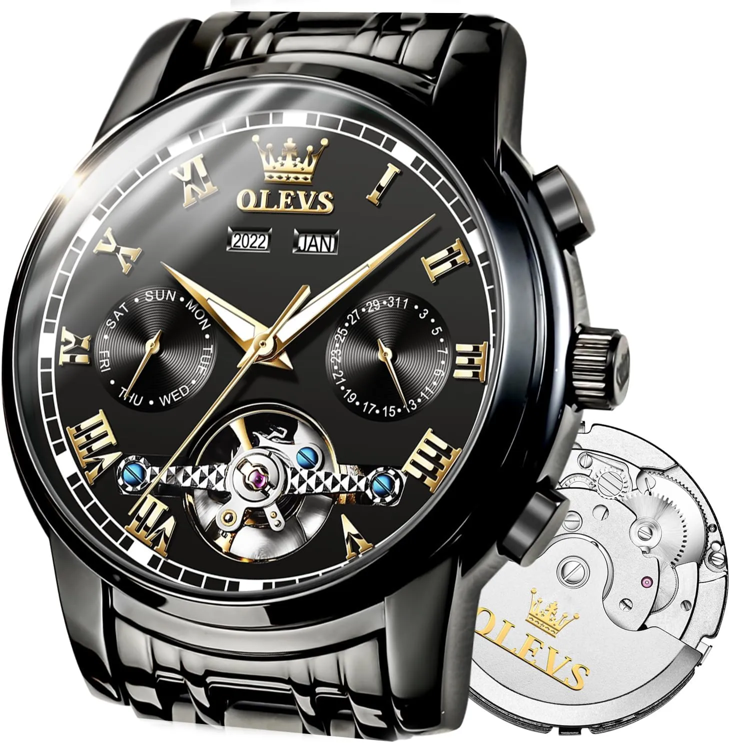 Watch Black Blue Green Face,Adjustable Bracelet (Gift Tool) inequality underlying commerce OLEVS Automatic Watch(No Battery Required) Men's Wrist Watches Self-Wind Mechanical Watches Fashion Classic Tourbillon Skeleton 