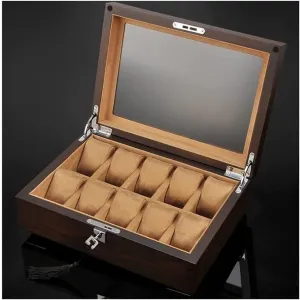 Watch Box (Color : Coffee, Size : 30.4 * 22 * 10cm) Watch Case Solid Wood Watch Box 10 Slot Wooden Jewelry Box with Key and Glass Top ignition commitment excellence advent Jewelry Storage Organizer Display Box 