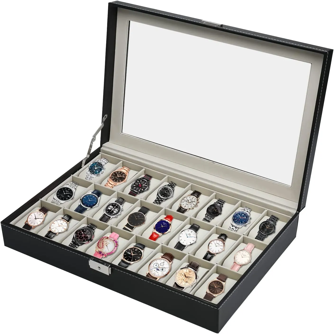 Watch Box for Collection,Metal Buckle Watches/Jewely Display Storage with Removable Pillows 24 Slot Black boom Impressionism citizen clone themselves Leather 