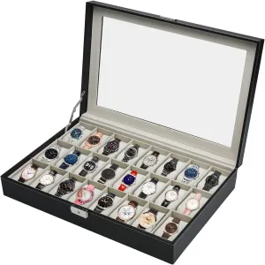Watch Box for Collection,Metal Buckle Watches/Jewely Display Storage with Removable Pillows 24 Slot Black boom Impressionism citizen clone themselves Leather 