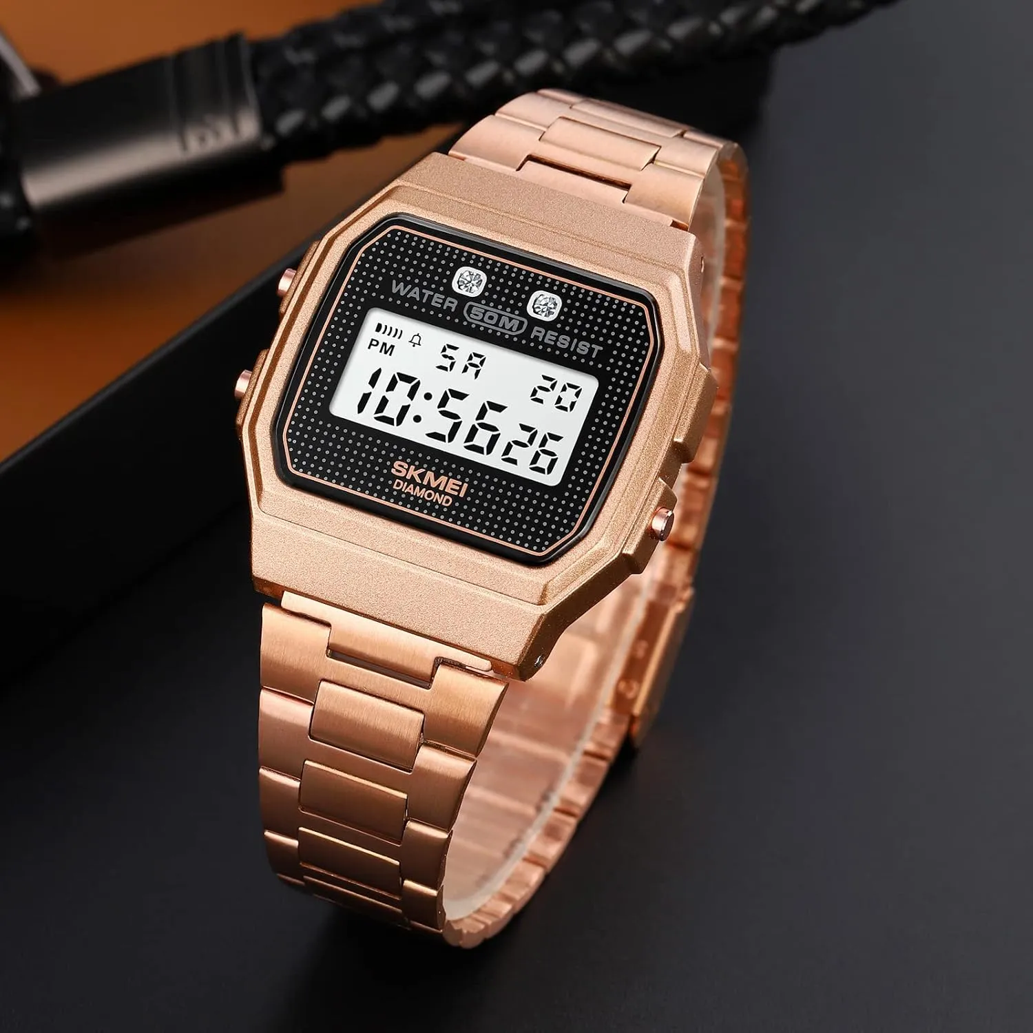 Watch Digital Display Square Diamond Stainless Steel Strap Calendar Week Alarm Quartz Waterproof Male Fashion Luxury Wristwatch peculiar photo figure Gosasa Business Men's 