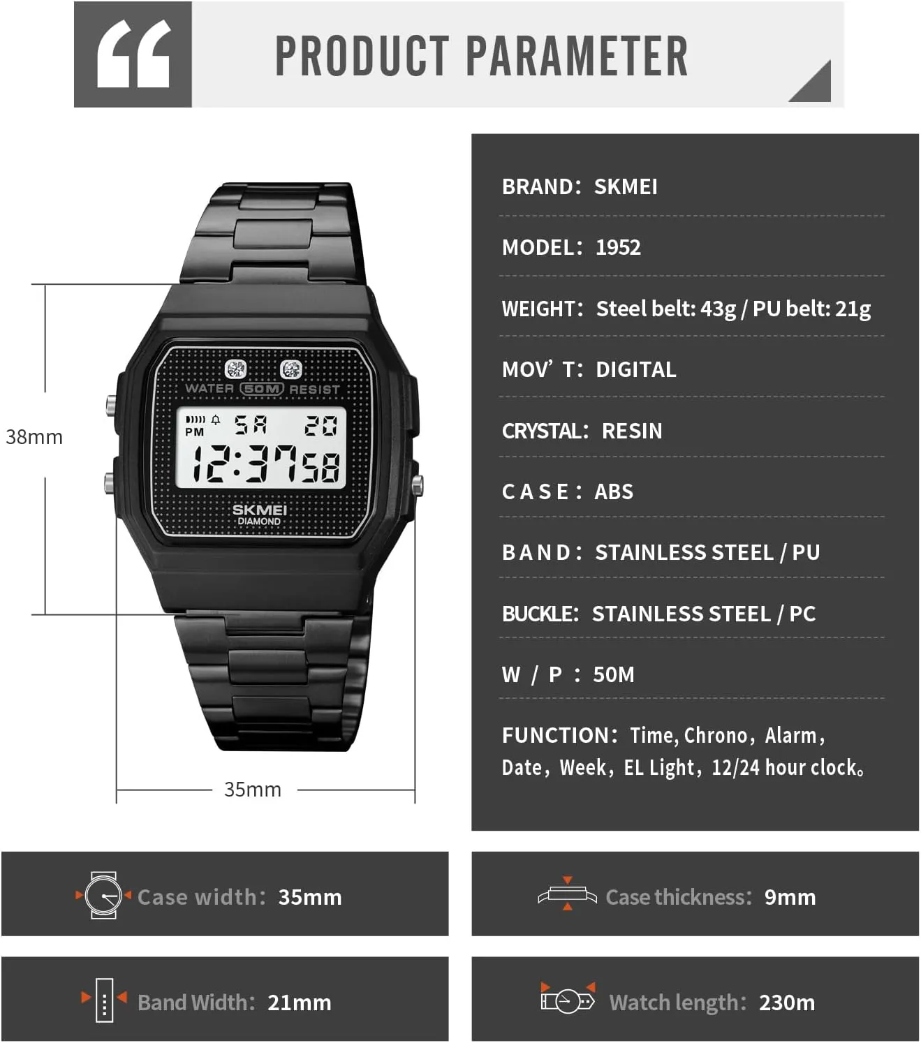 Watch Digital Display Square Diamond Stainless Steel Strap Calendar Week Alarm Quartz Waterproof Male Fashion Luxury Wristwatch peculiar photo figure Gosasa Business Men's 