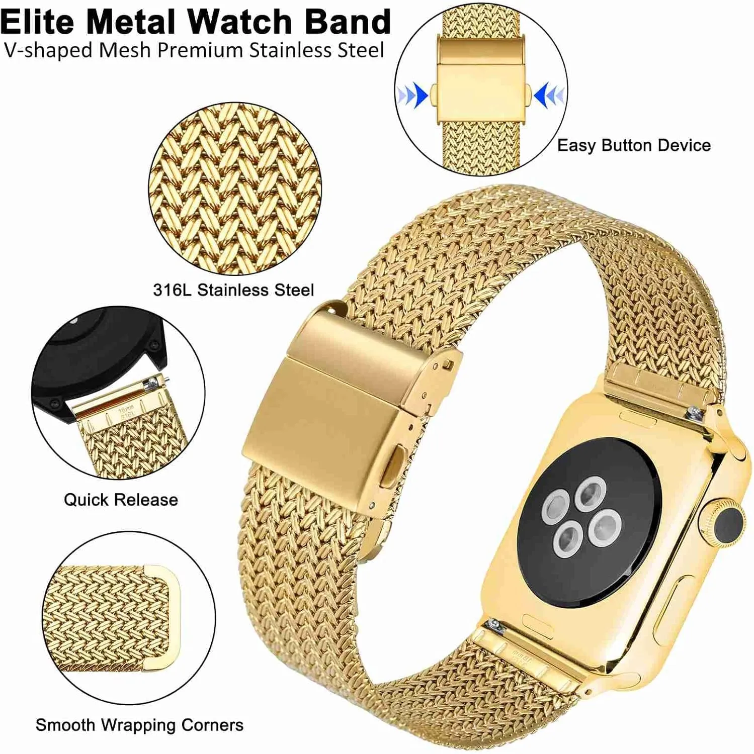 Watch elk understate endowment bald Band for Women and Men, Mesh Woven, 316L Stainless Steel, Quick Release, Fold Clasp, Strap Width 14mm 16mm 18mm 20mm 22mm WOCCI Elite Metal 