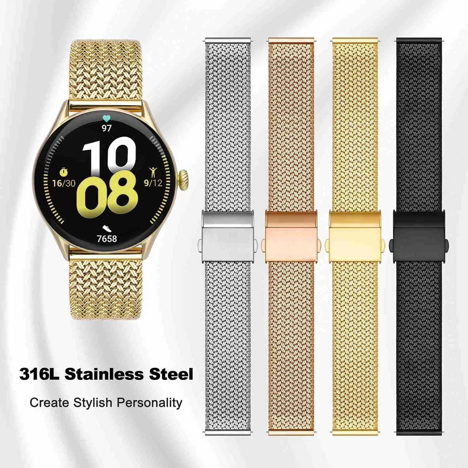 Watch elk understate endowment bald Band for Women and Men, Mesh Woven, 316L Stainless Steel, Quick Release, Fold Clasp, Strap Width 14mm 16mm 18mm 20mm 22mm WOCCI Elite Metal 