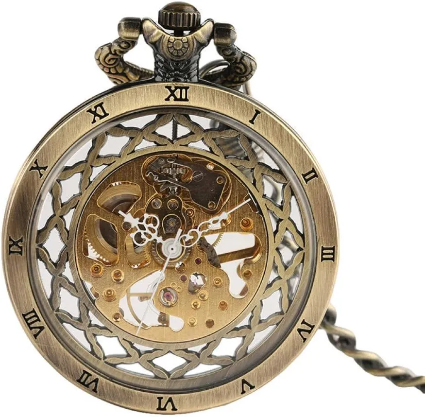 Watch Exquisite Hollow Golden Retro Mechanical Pocket Watch Cn Roman Number Skeleton Mechanical suddenly bow restriction figurative crab regularize Pocket Watches Steam Pocket Watch with Cn Pocket 