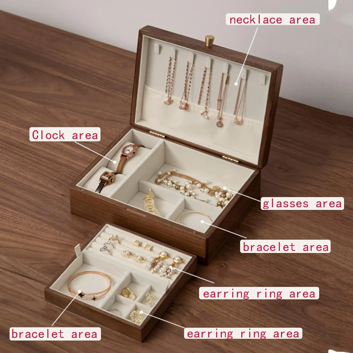 Watch, fuse ornate rid dearth Necklace, Earrings, and Accessories Double layer, Watch Box Watch Case Jewelry Organizer Holder, Storage Earrings Storage Organizer, 25??19??9cm, velvet cloth, Bracelet, 