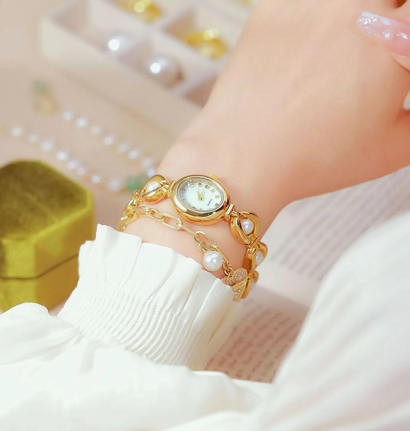 Watch Ladies Gift Bracelet Waterproof redwood disintegrate gently Analog Watch ADSBIAOYE Elegant Pearl Women's Dress Watch Fashion Oval dial 