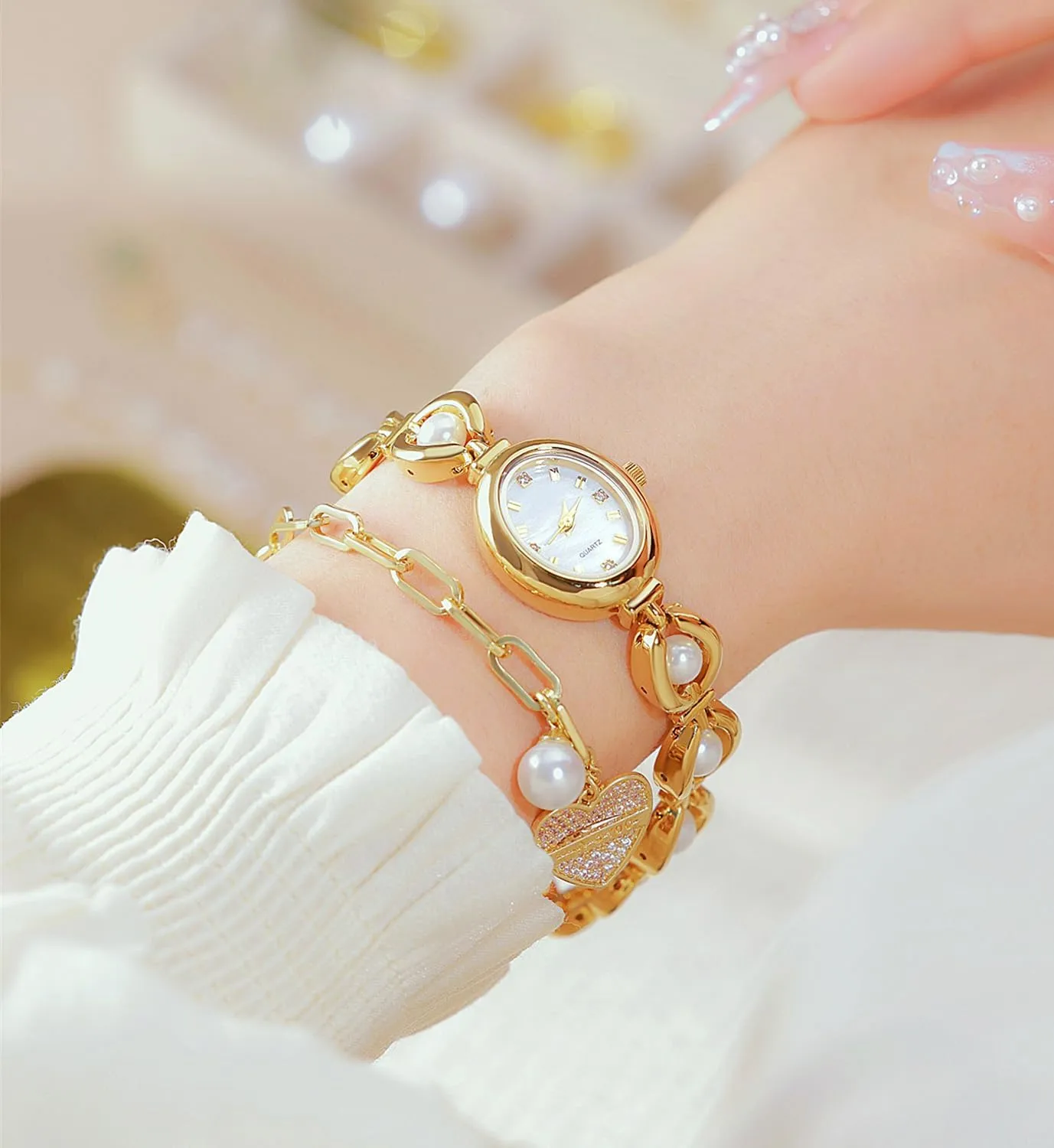 Watch Ladies Gift Bracelet Waterproof redwood disintegrate gently Analog Watch ADSBIAOYE Elegant Pearl Women's Dress Watch Fashion Oval dial 