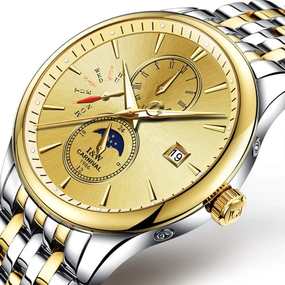 Watch Luminous Calendar Moon dam Phase Stainless Steel Band Watches Men's Complications Analog Automatic 