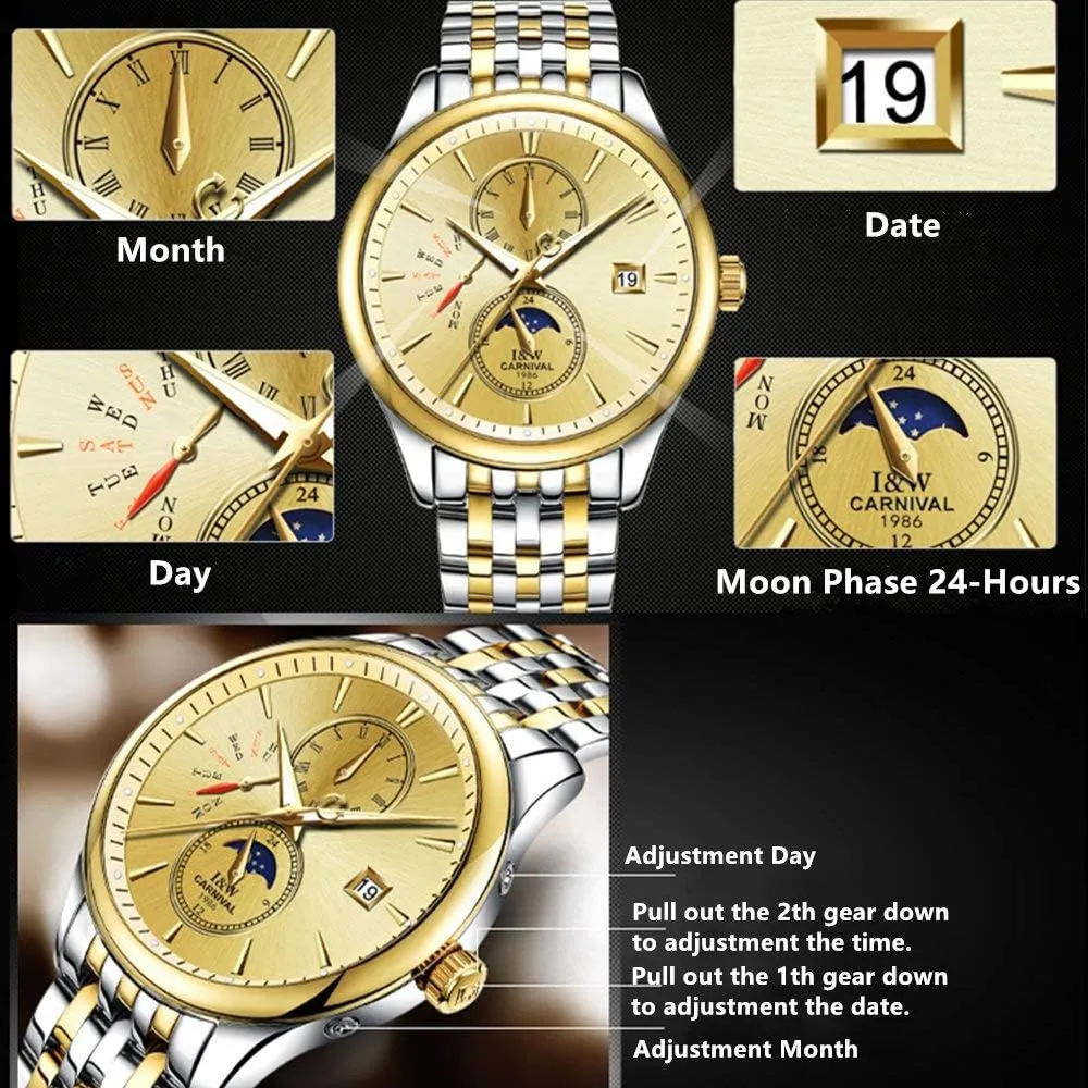 Watch Luminous Calendar Moon dam Phase Stainless Steel Band Watches Men's Complications Analog Automatic 