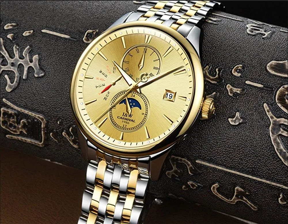 Watch Luminous Calendar Moon dam Phase Stainless Steel Band Watches Men's Complications Analog Automatic 