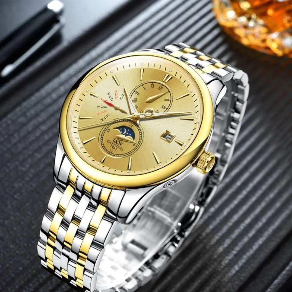 Watch Luminous Calendar Moon dam Phase Stainless Steel Band Watches Men's Complications Analog Automatic 