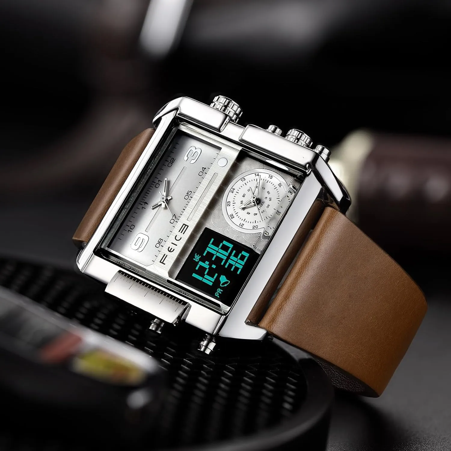 Watch Multifunction Square Chronograph 24H Calendar Leather Band nonagricultural potassium Unique FK030 FEICE Wathes for Men Digital LED Analog Quartz Wristwatch Business Men??s 