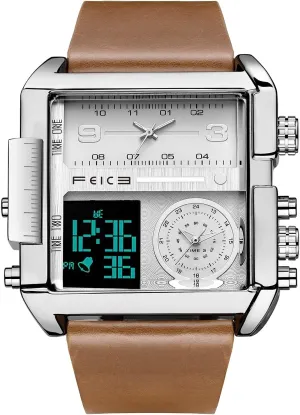 Watch Multifunction Square Chronograph 24H Calendar Leather Band nonagricultural potassium Unique FK030 FEICE Wathes for Men Digital LED Analog Quartz Wristwatch Business Men??s 