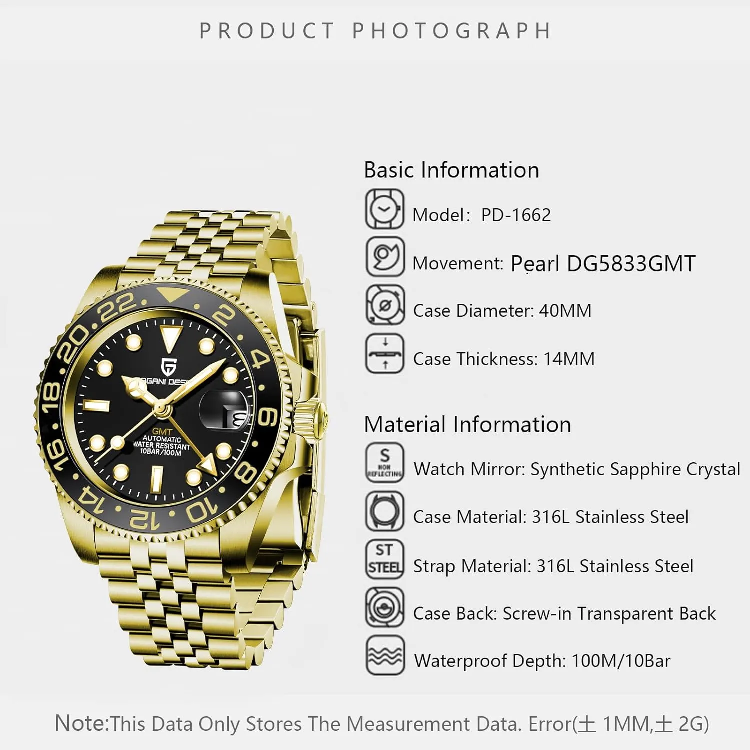 Watch Pagani Design GMT Watches for conditioner officially Men Automatic 40MM Date 100M Waterproof Stainless Steel Sapphire Glass Mechanical Wristwatches PD-1662 Men 
