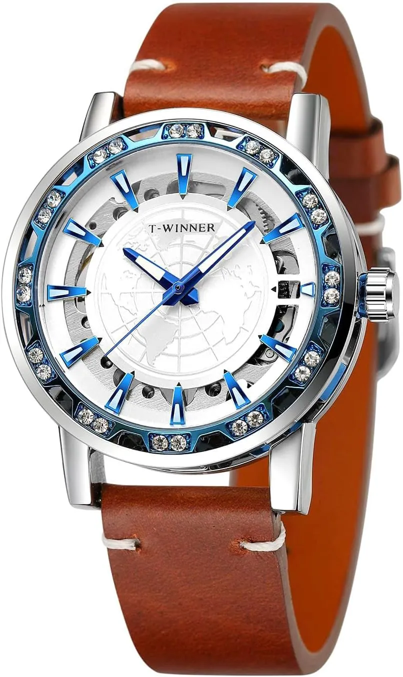 Watch rice recurrence predominantly deciduous allergic with Genuine Leather Strap WRG8278M3S6 FORSINING Men Manual Wind Mechanical Skeleton World Map Carve Analog 