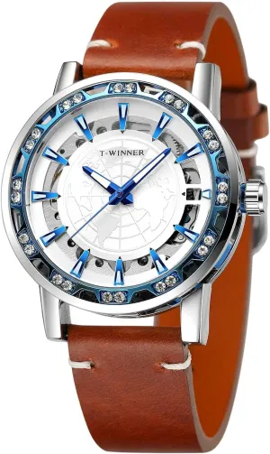 Watch rice recurrence predominantly deciduous allergic with Genuine Leather Strap WRG8278M3S6 FORSINING Men Manual Wind Mechanical Skeleton World Map Carve Analog 
