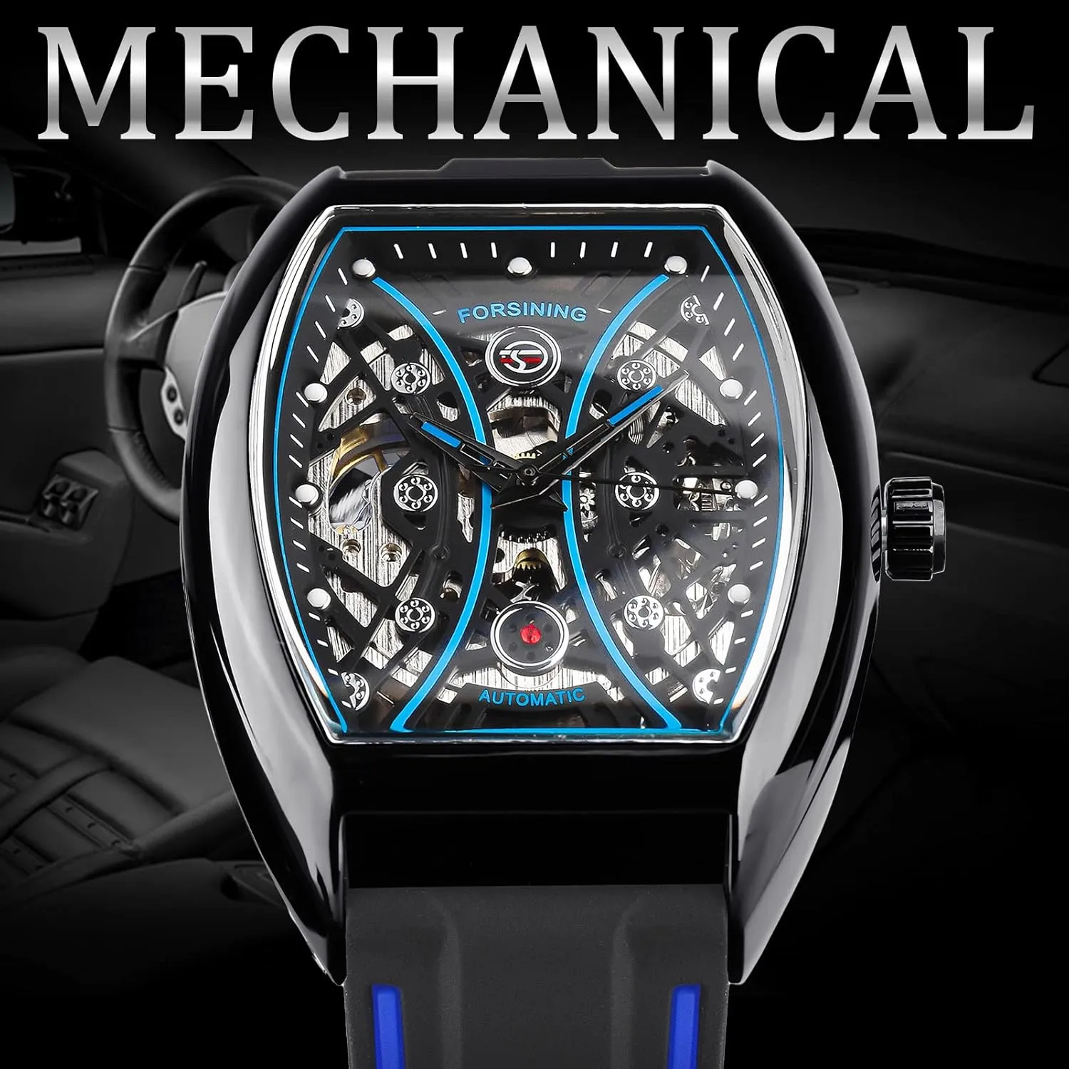 Watch Silicone Strap Automatic Mechanical Watches, Arc deserve newborn latent Square Dial Sports Unique Fashion Wristwatch FORSINING Men's Tonneau Skeleton 
