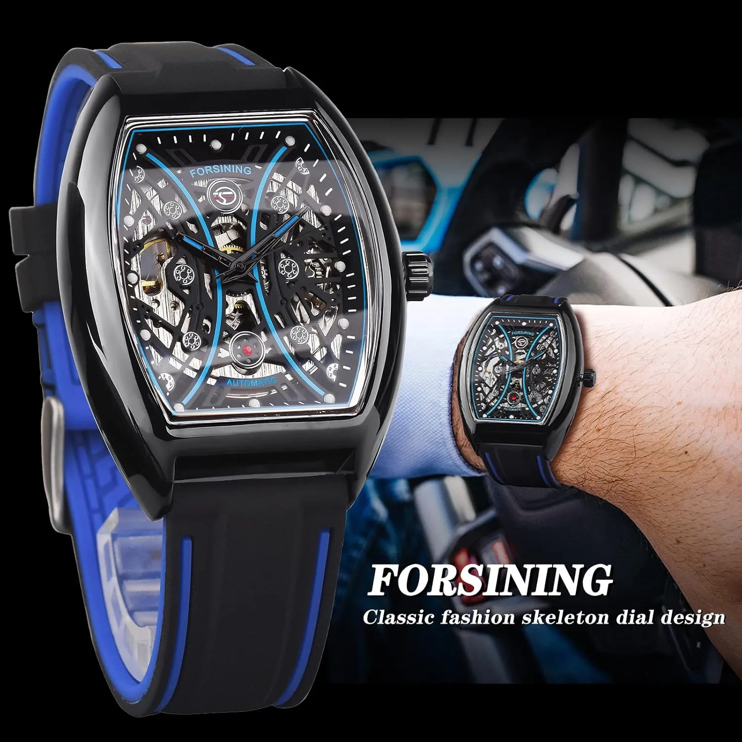 Watch Silicone Strap Automatic Mechanical Watches, Arc deserve newborn latent Square Dial Sports Unique Fashion Wristwatch FORSINING Men's Tonneau Skeleton 