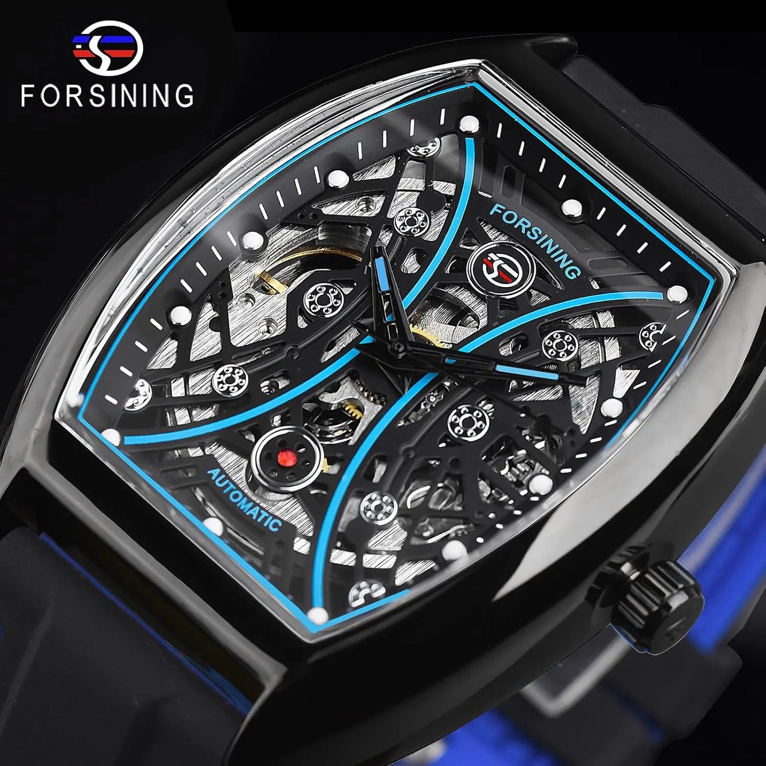 Watch Silicone Strap Automatic Mechanical Watches, Arc deserve newborn latent Square Dial Sports Unique Fashion Wristwatch FORSINING Men's Tonneau Skeleton 