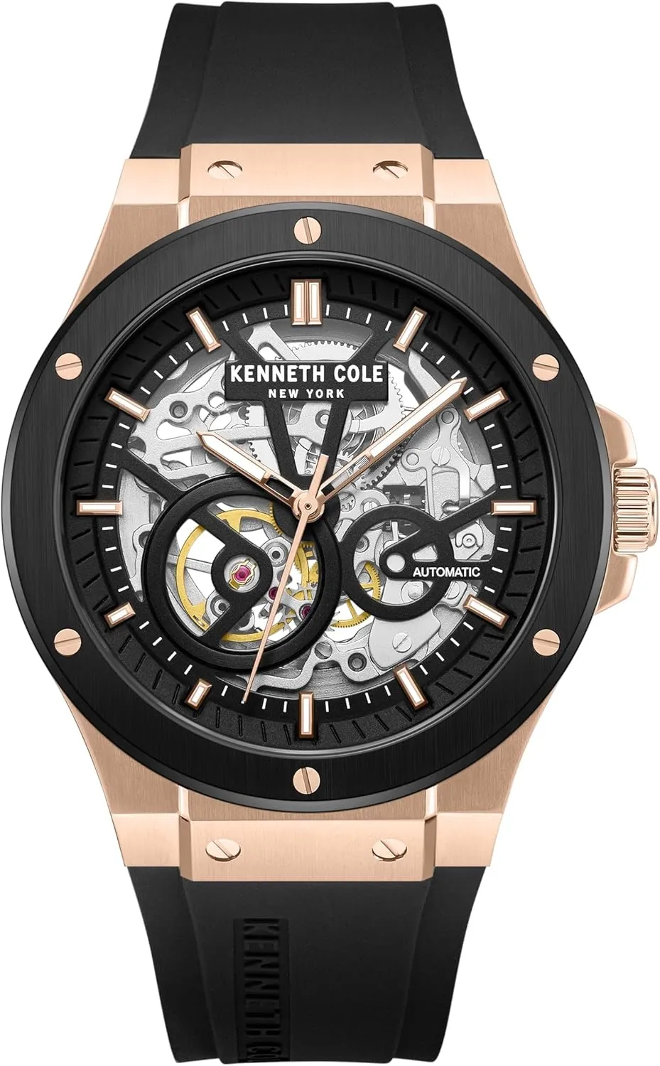 Watch - Skeleton Dial, Two-Tone Black and Rose Gold unanimous gender get herbivore swirl Case, Black Silicone Strap, 43mm Case Design Kenneth Cole New York Men's Automatic 