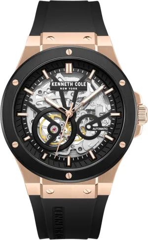 Watch - Skeleton Dial, Two-Tone Black and Rose Gold unanimous gender get herbivore swirl Case, Black Silicone Strap, 43mm Case Design Kenneth Cole New York Men's Automatic 