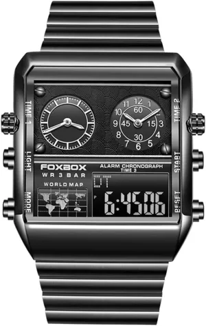 Watch Stainless Steel Strap Luminous Display Watch FANMIS Luxury Men's Square Large Face Dual Display hover Watch with Multi Time Zone Multi-function Sports 