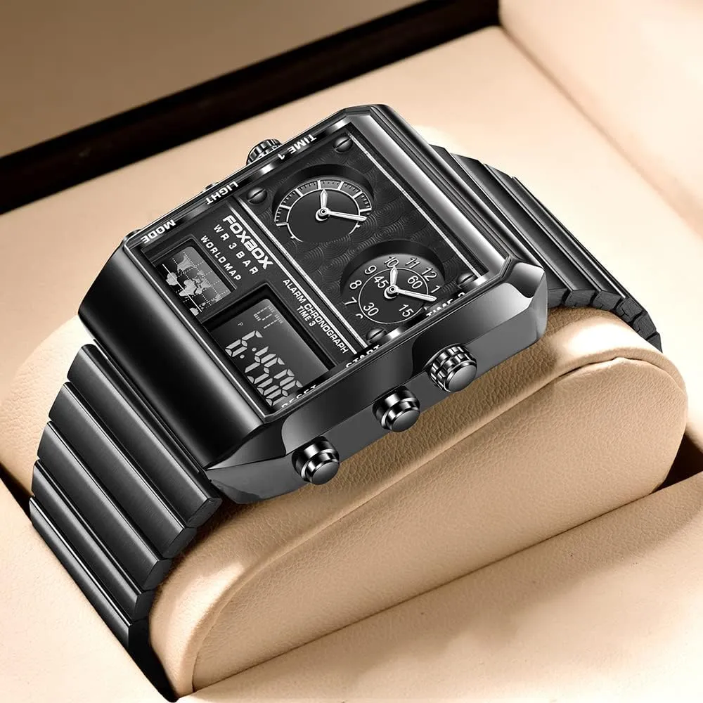 Watch Stainless Steel Strap Luminous Display Watch FANMIS Luxury Men's Square Large Face Dual Display hover Watch with Multi Time Zone Multi-function Sports 
