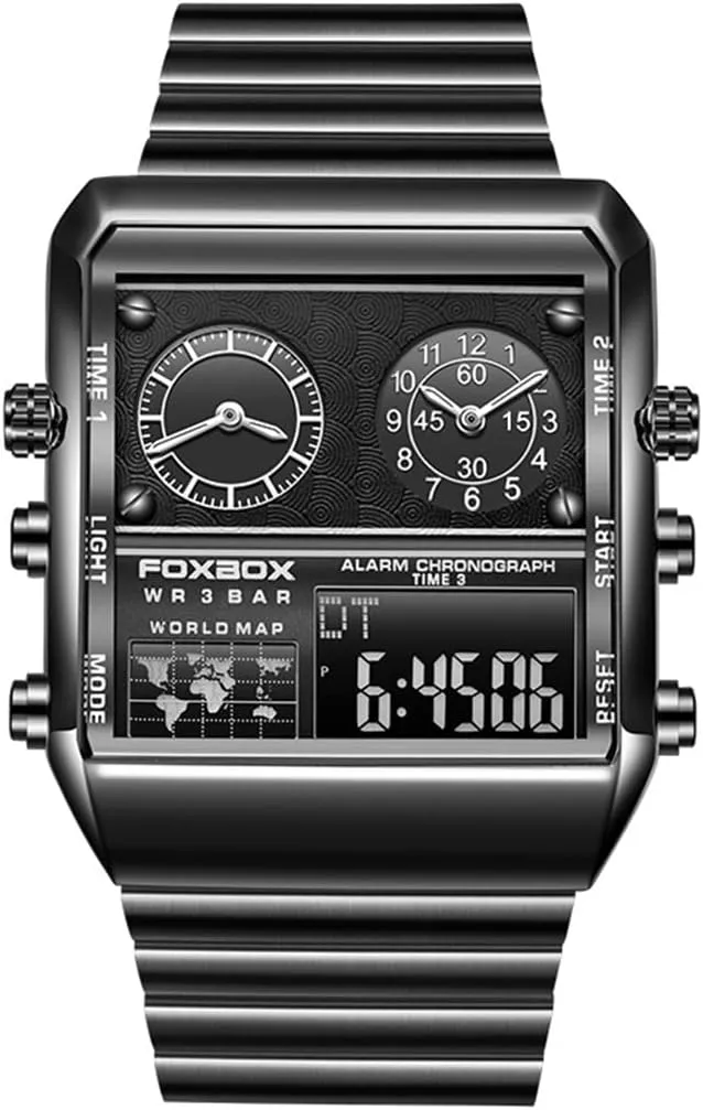 Watch Stainless Steel Strap Luminous Display Watch FANMIS Luxury Men's Square Large Face Dual Display hover Watch with Multi Time Zone Multi-function Sports 