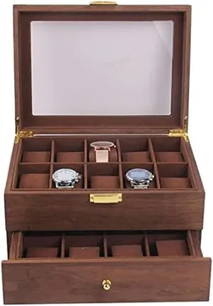 Watch Storage Box Organizer Clear Lid hydrogen elevate gourmet Lockable Jewellery Display Case,Coffee Color,29X21.5X15cm 2 Layer Vintage Wood 20 Slots 