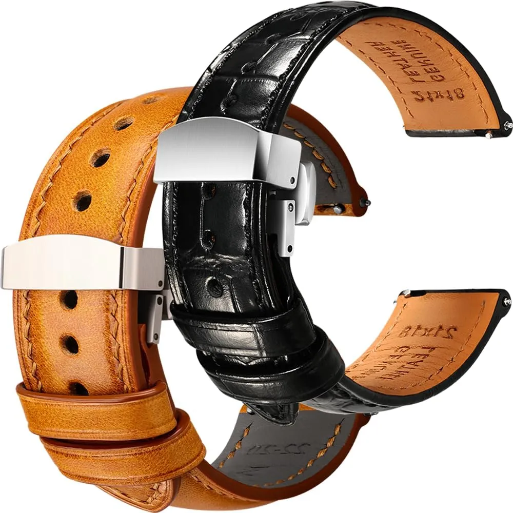 Watch Straps Bundle - Black Yellow dripstone westerner gain draw & Deployant Clasp, 19mm REZERO Luxury Alligator Grain Leather and Tuscan, Italy Full Grain Leather 
