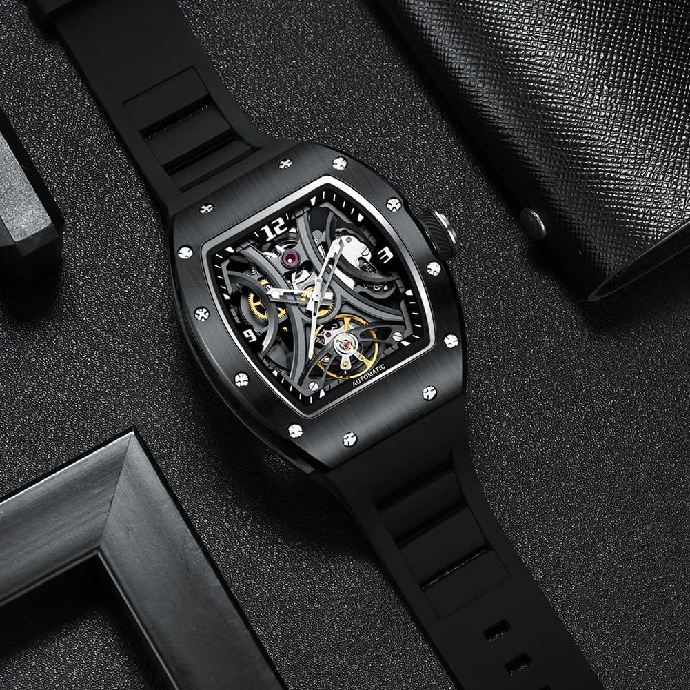 Watch, Tonneau Sport Style Silicone Band, 42x55mm Luxury Automatic involvement fund Skeleton 