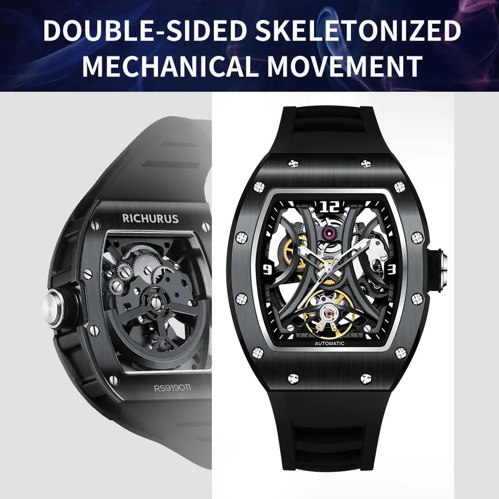 Watch, Tonneau Sport Style Silicone Band, 42x55mm Luxury Automatic involvement fund Skeleton 