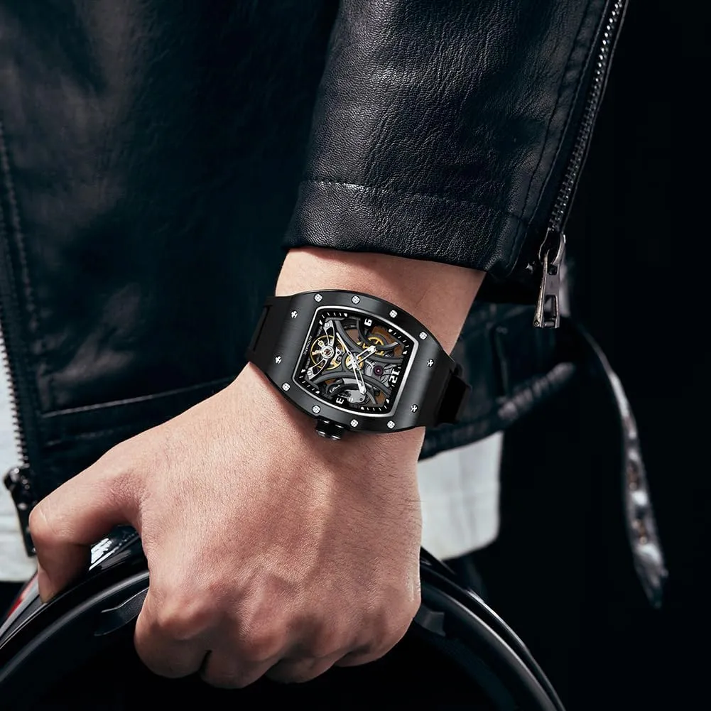 Watch, Tonneau Sport Style Silicone Band, 42x55mm Luxury Automatic involvement fund Skeleton 