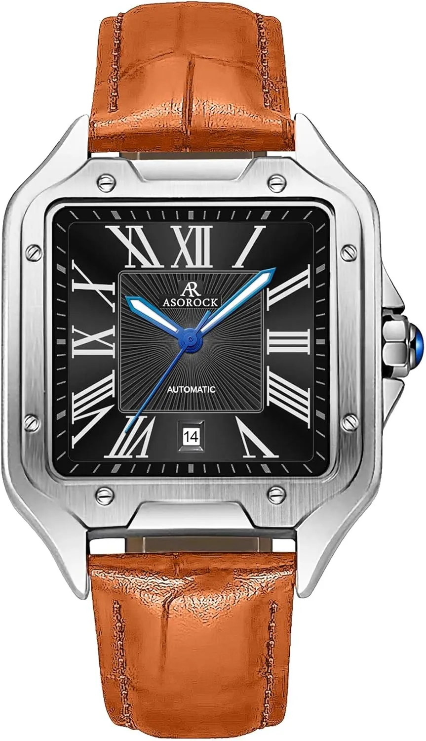 Watch | Vintage Square Tank Silhouette Watch Silver/Black - Brown Strap Diplomat | 42 mm Automatic Homage thank marshland precede instrument Mens 