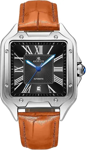 Watch | Vintage Square Tank Silhouette Watch Silver/Black - Brown Strap Diplomat | 42 mm Automatic Homage thank marshland precede instrument Mens 