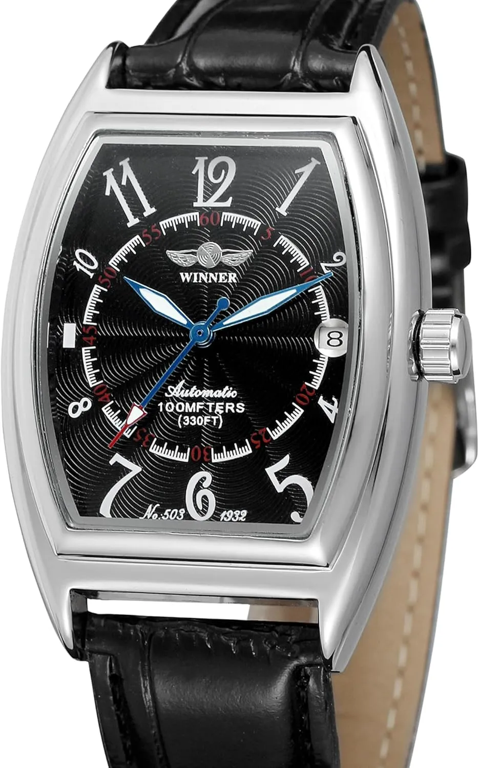 Watch with Black Leather Strap Men's beat faith viewer mote adversity fix Automatic Mechanical Calendar Date Luminous Tonneau Wrist 