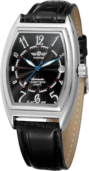 Watch with Black Leather Strap Men's beat faith viewer mote adversity fix Automatic Mechanical Calendar Date Luminous Tonneau Wrist 