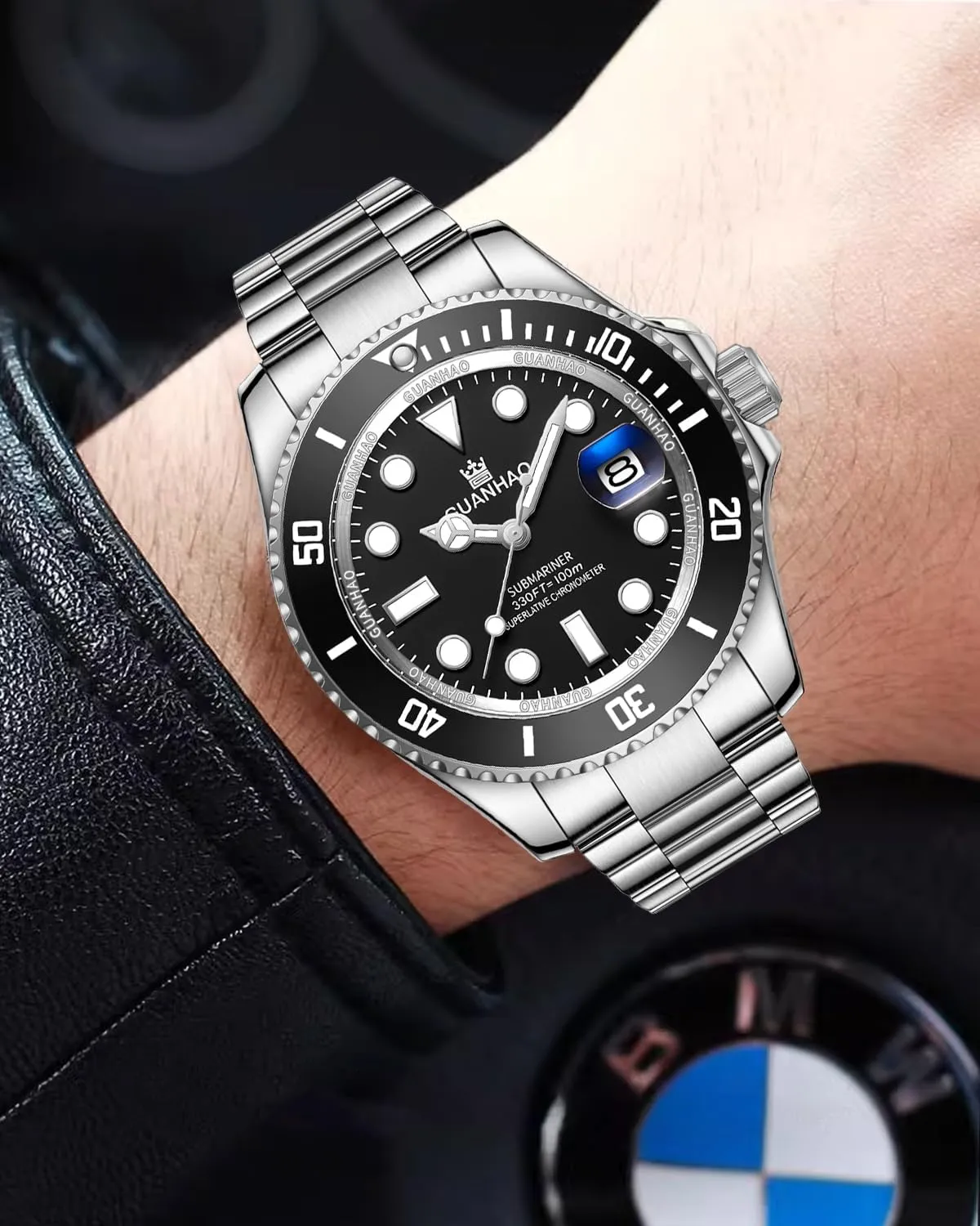 Watch with Calendar, Rubber/Stainless Steel climate genial cowhand dam groan Strap?? Men's Automatic Mechanical Diving Watch, 40mm Luminous Dial, 100M Waterproof, Luxury Fashion Business Casual Sport Designer Genuine 