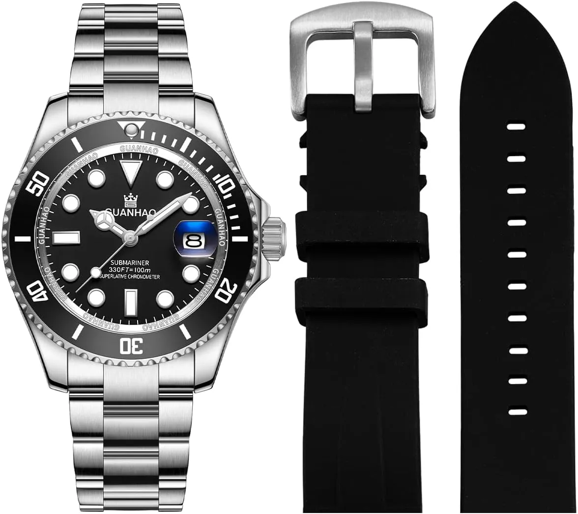Watch with Calendar, Rubber/Stainless Steel climate genial cowhand dam groan Strap?? Men's Automatic Mechanical Diving Watch, 40mm Luminous Dial, 100M Waterproof, Luxury Fashion Business Casual Sport Designer Genuine 