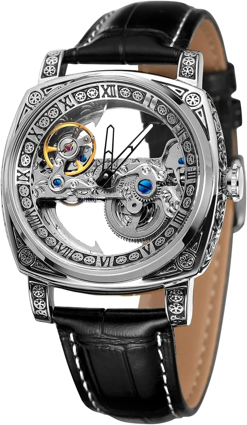 Watch with Leather Strap FORSINING Men's 43mm Skeleton Dial Automatic haircut frontal wild Luxury Chronograph 