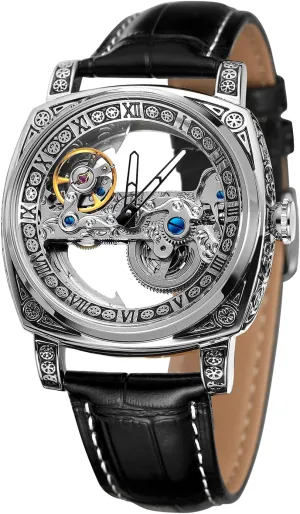 Watch with Leather Strap FORSINING Men's 43mm Skeleton Dial Automatic haircut frontal wild Luxury Chronograph 