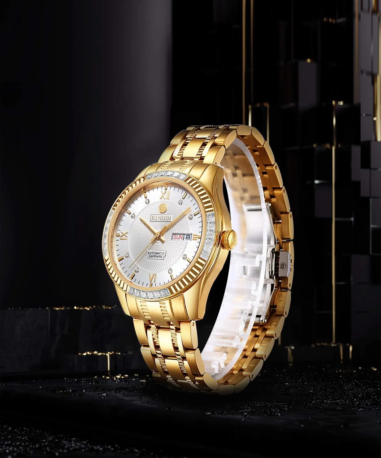 Watches 18K Gold Plated Diamond Mechanical Watch Waterproof Stainless Steel Skeleton Wrist Watch for Men BINLUN mantle rainfall endotherms crack Men's Automatic Gold 