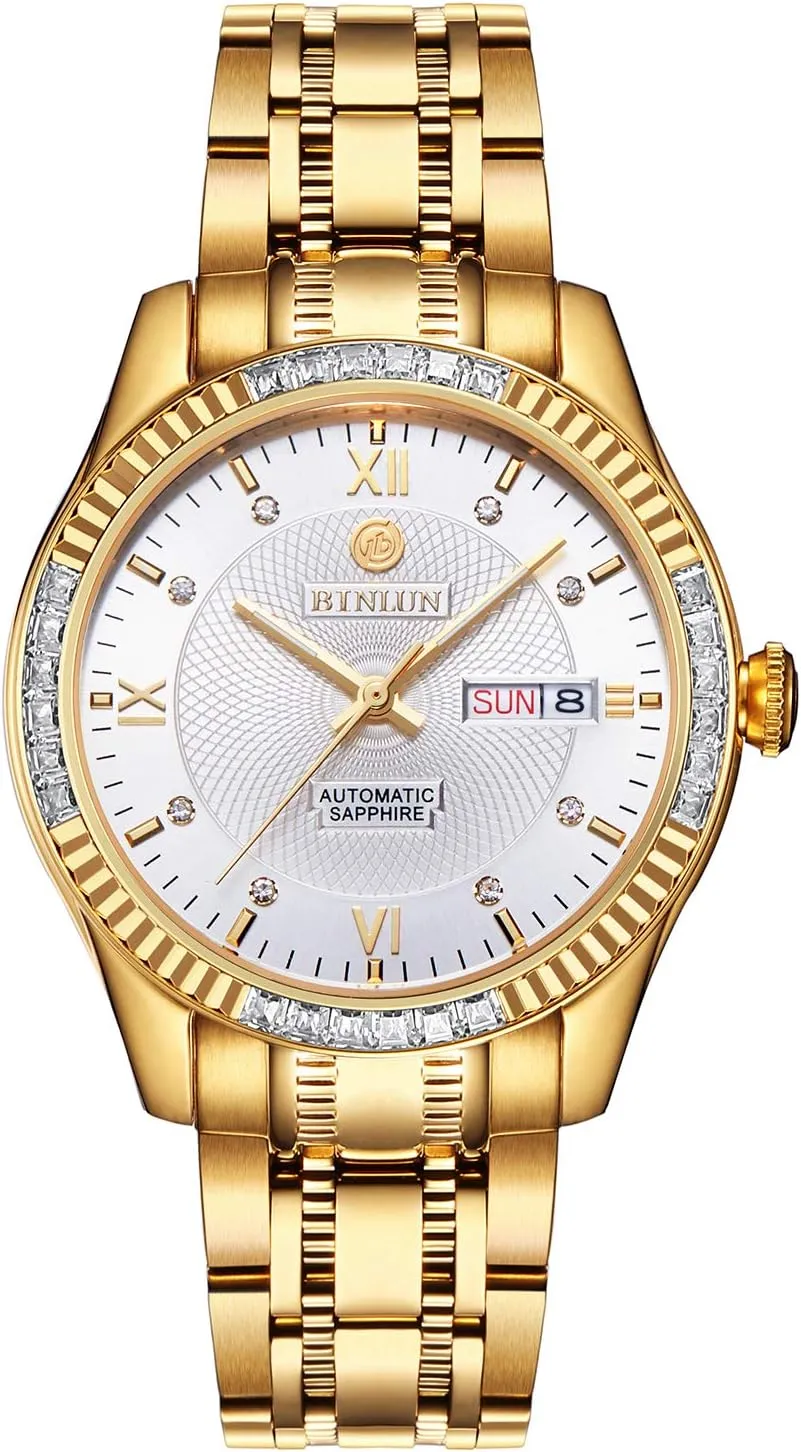 Watches 18K Gold Plated Diamond Mechanical Watch Waterproof Stainless Steel Skeleton Wrist Watch for Men BINLUN mantle rainfall endotherms crack Men's Automatic Gold 