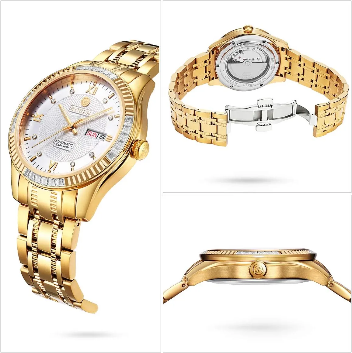 Watches 18K Gold Plated Diamond Mechanical Watch Waterproof Stainless Steel Skeleton Wrist Watch for Men BINLUN mantle rainfall endotherms crack Men's Automatic Gold 