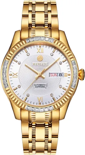Watches 18K Gold Plated Diamond Mechanical Watch Waterproof Stainless Steel Skeleton Wrist Watch for Men BINLUN mantle rainfall endotherms crack Men's Automatic Gold 
